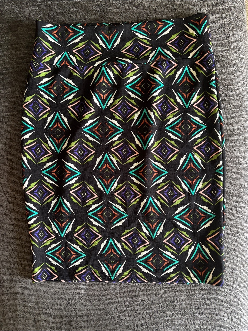 LuLaRoe Black Pencil Skirt with Teal, Purple & Lime Geo Print